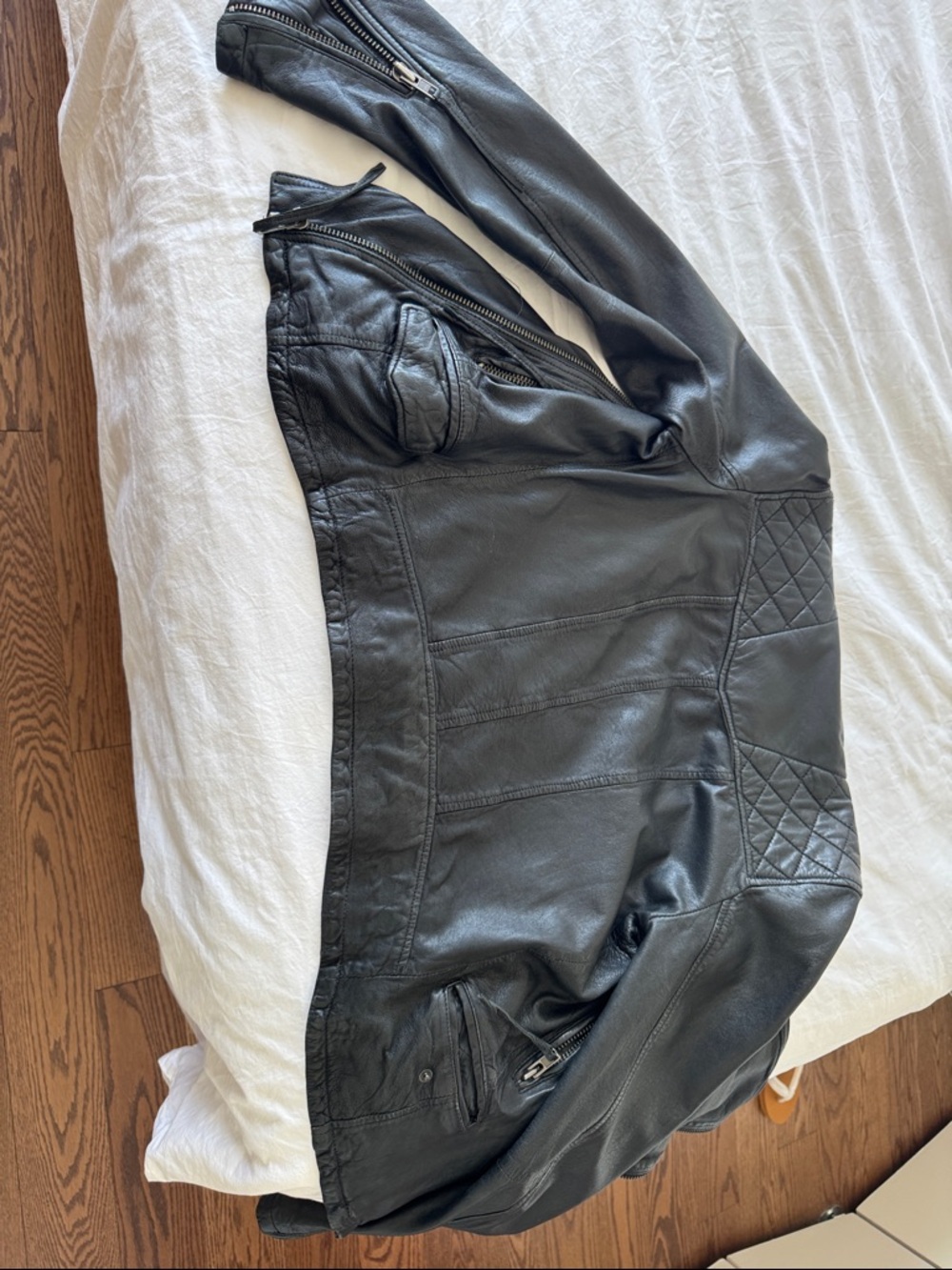 AllSaints Black Leather Biker Jacket with Quilted Shoulders